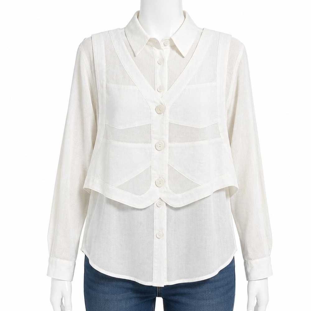 Cache White Linen Blend Layered Shirt Attached Vest Sheer Panel Button Up S NWT